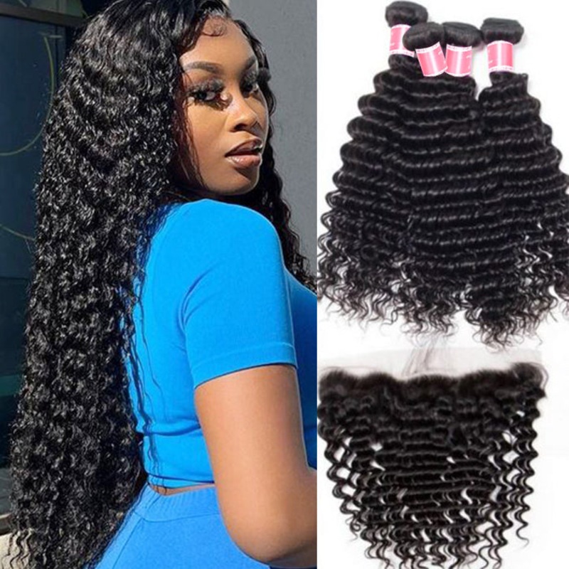 Peruvian Deep Wave 4 Bundles With 13×4 Lace Frontal 10A Virgin Human Hair Bundles With Frontal Deal 10 10 12 12+8