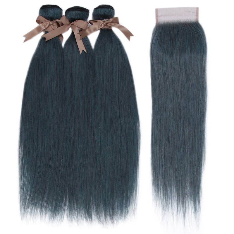 Queen  Remy Human Hair 3 Bundles with Closure Straight Hair Weave Ink Blue Jade Shade Dark Green  Color 10″10″10″+8″