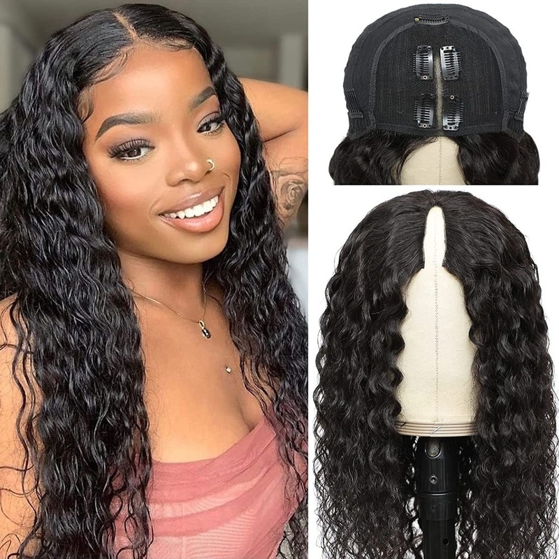 QVR Glueless Water Wave V Part Wigs 180% Density Super Natural Human Hair Glueless 0 Skill Needed Wig 14”