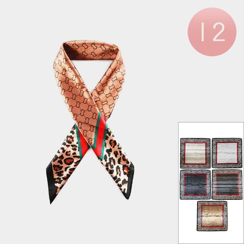 12PCS – Leopard Patterned Square Silk Feel Scarves Assorted