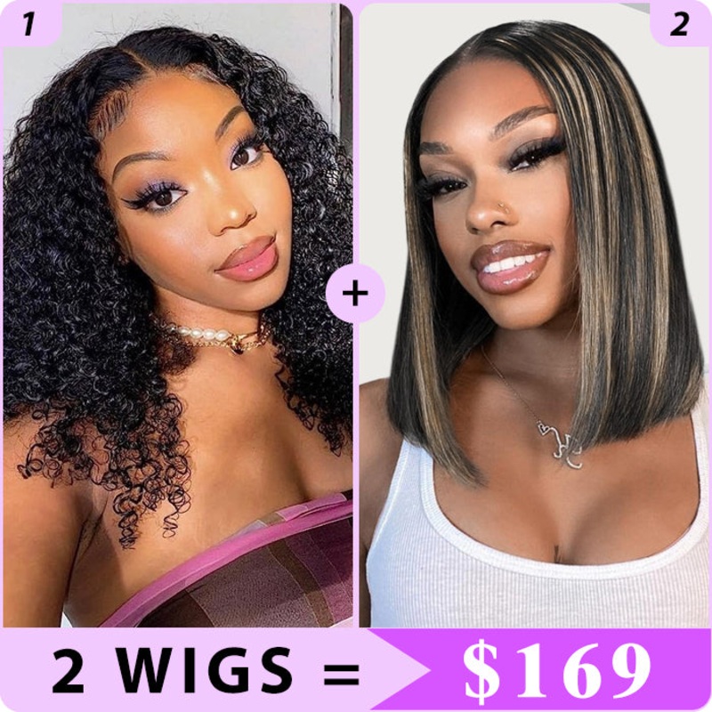 2 Wigs Set | 13×4 HD Lace Frontal Wig & M1b/27 Blonde Highlight 5×5 HD Lace Human Hair Wig 18″ 13×4 HD Lace Curly Wig  – Natural Color 12″ 5×5 HD Lace Straight Bob Wig  – Highlight