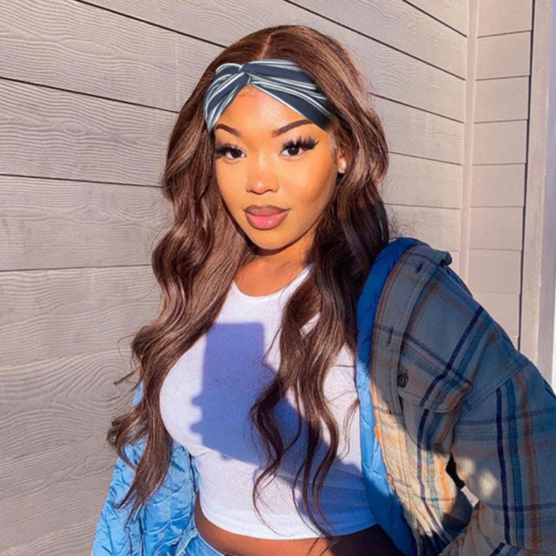 #4 Chocolate Brown Headband Wigs Virgin Human Hair No Gel No Glue Silk Scarf Wigs 10 Straight 150%
