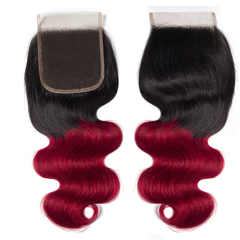 Ombre T1B/99J Body Wave 4×4 Free Part HD Transparent Lace Closure 1 Piece 10 Medium Brown Lace Free Part