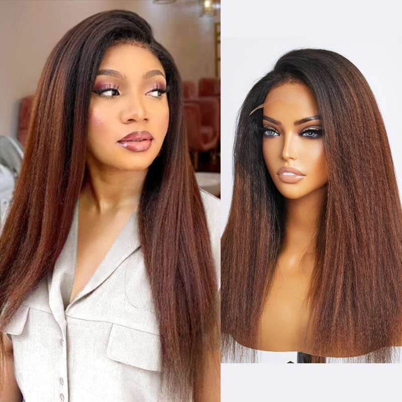 QVR Glueless Curly Edges Kinky Straight 5×5 Lace Closure Human Hair Wigs Black To Brown Ombre Long Wigs 16 180% 5×5 Lace