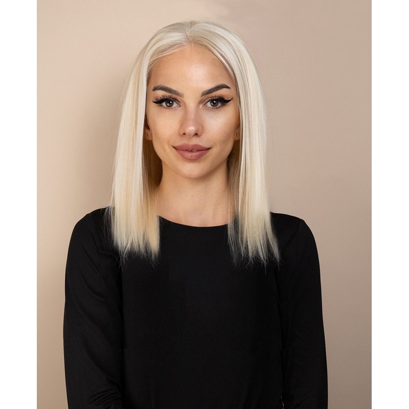 full lace human wig – 12″ platinum blonde.