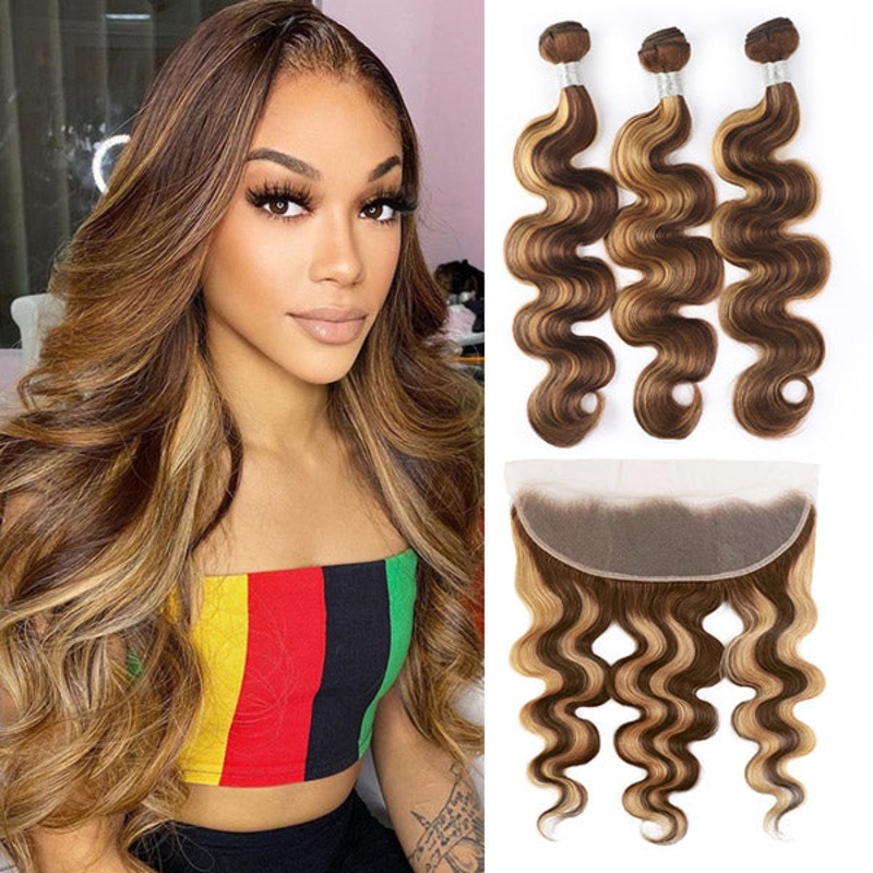 Highlight Body Wave Hair 3 Bundles with 13×4 Lace Frontal Closure Ear to Ear Virgin Human Indian Hair 8 8 8 with 8 P4/27