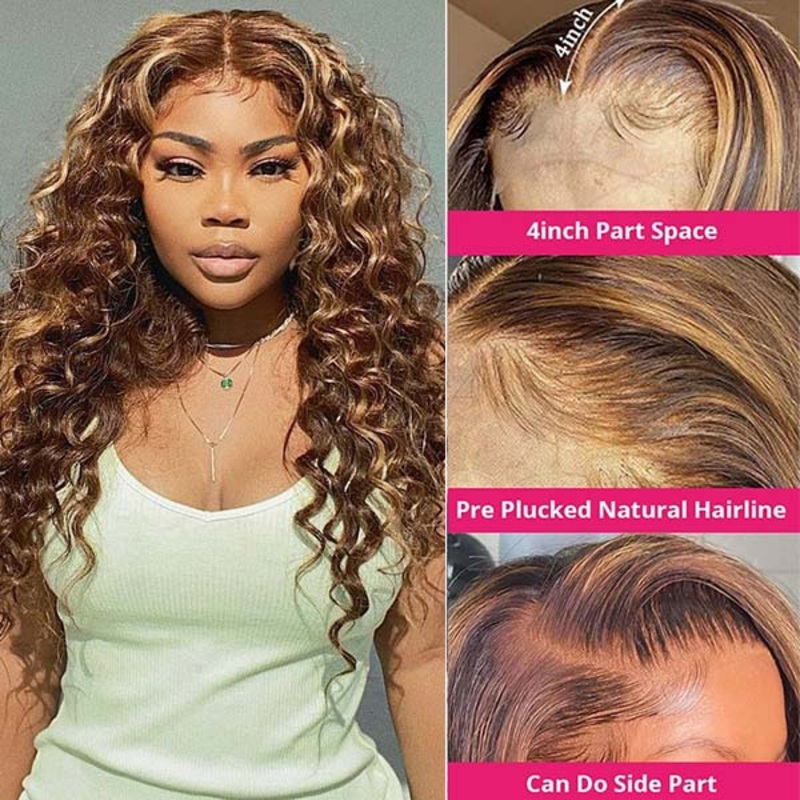 Highlight Wigs Loose Deep 4*4 Lace Closure Wigs Human Hair Wigs with Highlights HD Transparent Lace Wig 14 150% P4/27