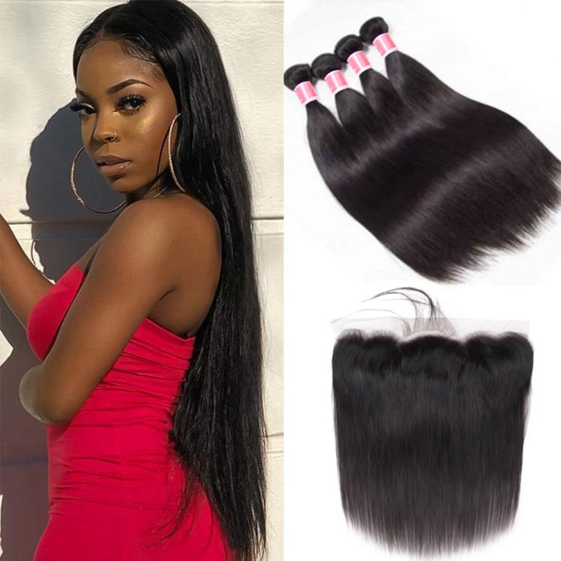 Peruvian Straight Hair 4 Bundles With 13×4 Lace Frontal 10A Virgin Human Hair Bundles With Frontal Deal 10 10 12 12+8