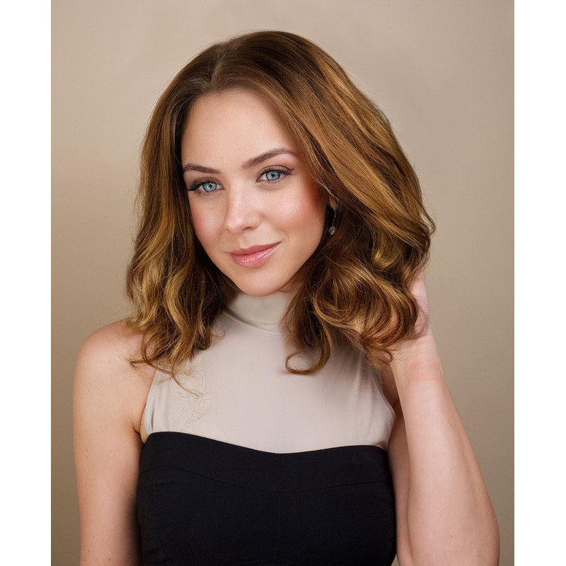 put on & go pre-cut lace wavy human wig – 16″ caramel balayage.