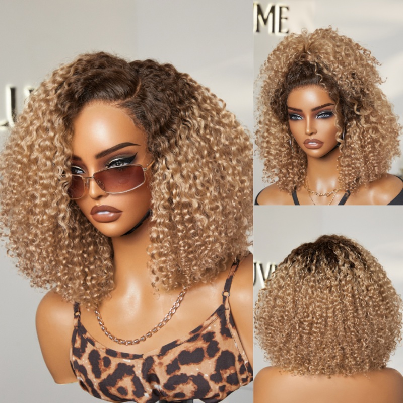 12 Inches=$79.9 | Put On & Go Ombre Ash Blonde Kinky Curly Glueless Minimalist HD Lace Wig Pre-Cut Lace 12
