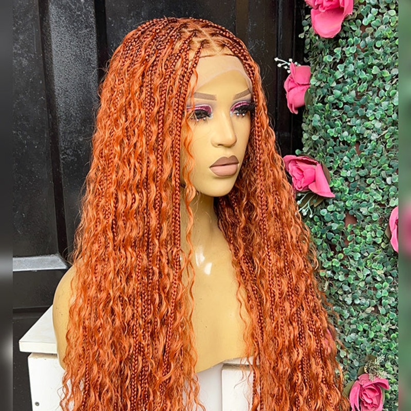 Boho Braided Wigs Orange Ginger Color 13×6 HD Lace Frontal Glueless Pull Go Drawstring Wigs For Black Women 14 13×6 Lace with Drawstring Cap 220%