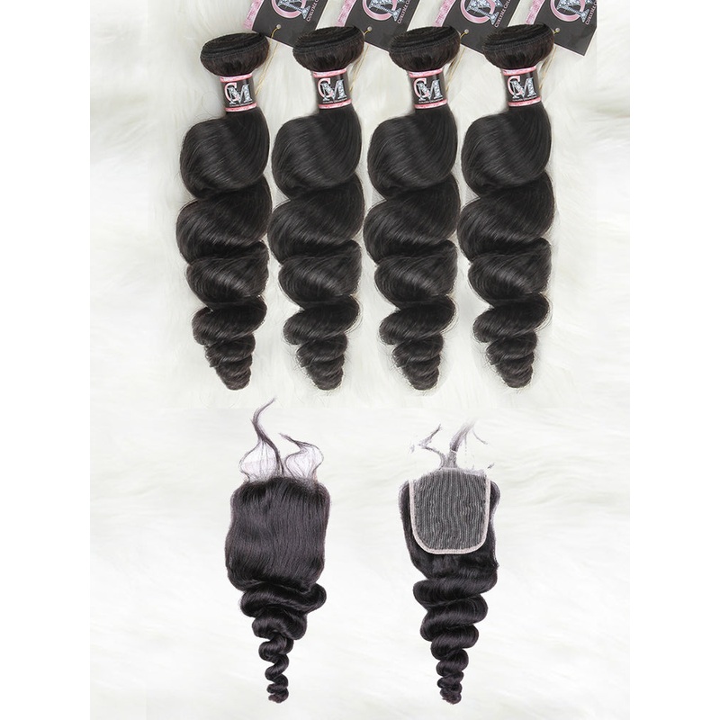 CurlyMe Loose Wave Virgin Human Hair 4 Bundles with 4×4 Closure Natural Black 8 8 10 10 4×4 Closure 8