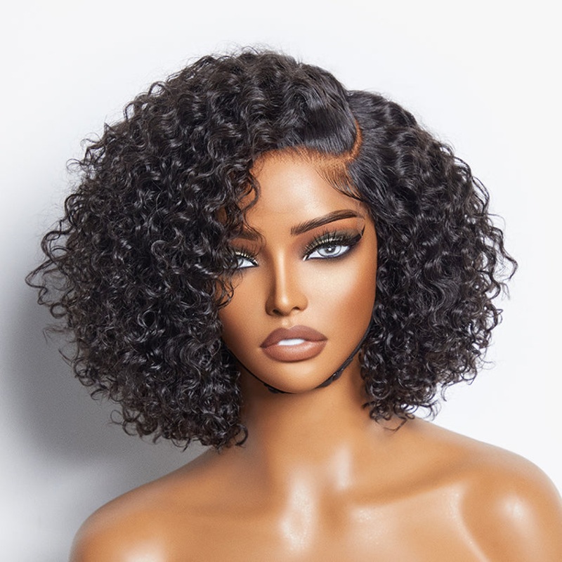 Exclusive Sale | Trendy Short Cut Curly Minimalist HD Lace Glueless Side Part Wig 100% Human Hair Natural Black 8 Yes