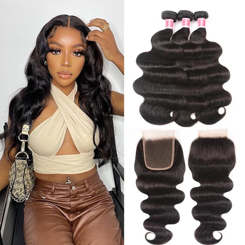 Malaysian Body Wave 3 Bundles with 4*4 Closure Soft Unprocessed Virgin Human Hair 12 12 12+10 Free Part
