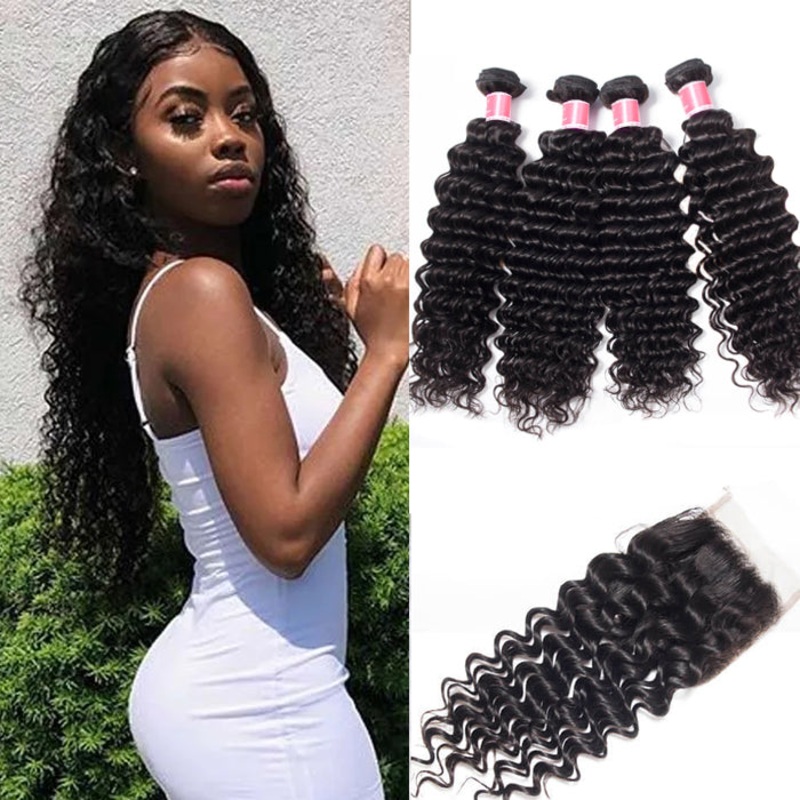 Malaysian Deep Wave 4 Bundles With 4×4 Lace Closure Human Hair Closure With Bundle Deals 10 10 12 12+8 Free Part