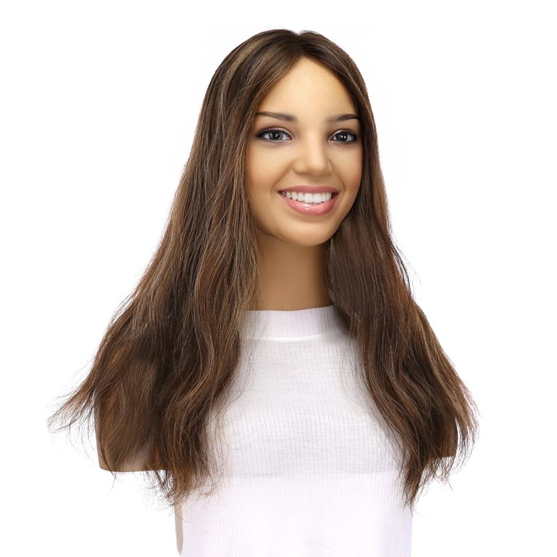 18″ Topaz Lace Top Topper Dark Brown w/ Highlights Slightly Wavy