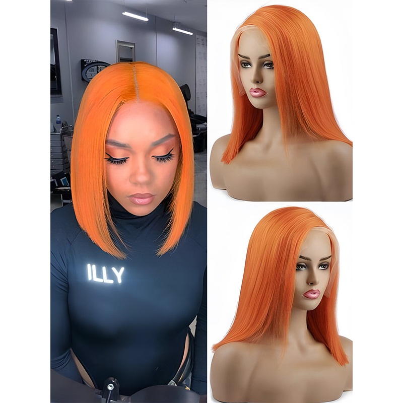 CurlyMe Ginger Orange Color Bob Wigs Straight Hair Lace Front Wigs 4×4 180% 10