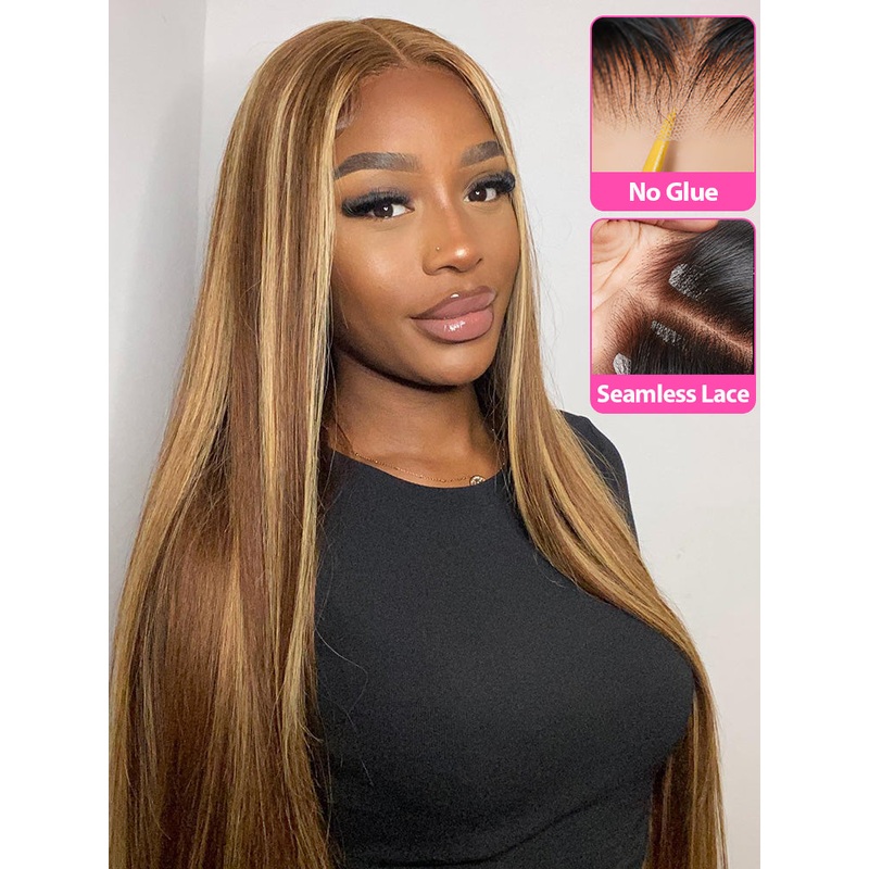 CurlyMe Highlights Ombre 6×4 Lace Wear Go Straight Glueless Wigs Pre Cut Lace Wig 24