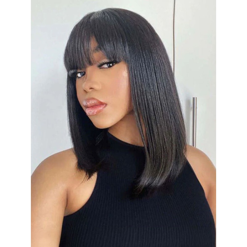 CurlyMe Silk Straight Hair Non Lace Glueless Bob Wig With Bangs 8