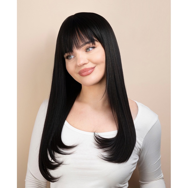 flipped ends blowout with fringe human wig – 18″ espresso black.