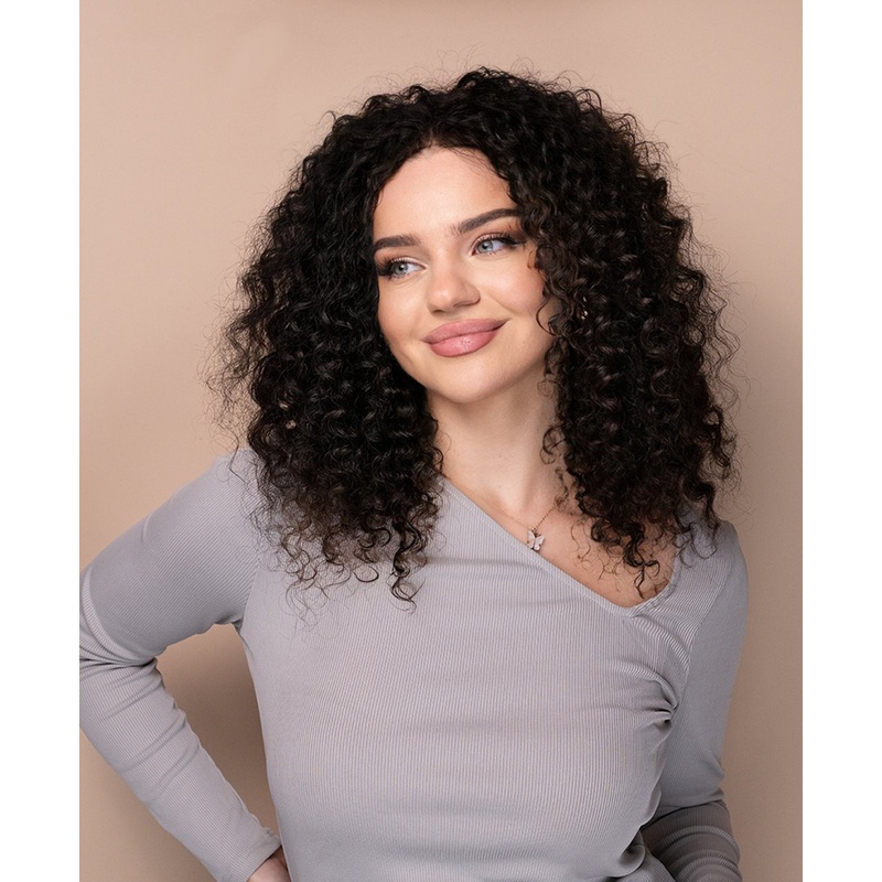 lace front human wig – 16″ 3a curly natural black.