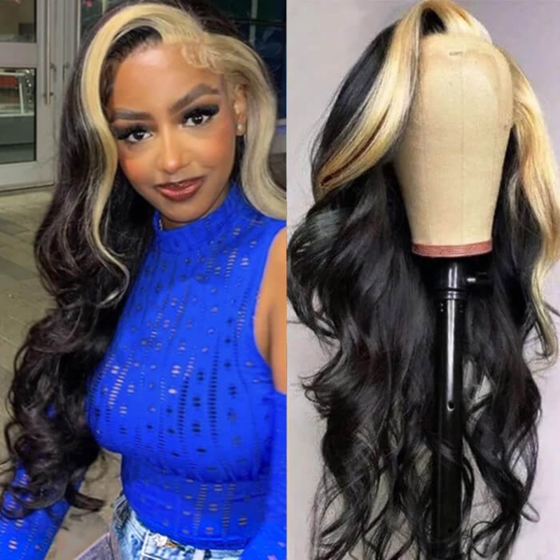 Skunk Stripe Wig with Honey Blonde Highlights Body Wave 13*4 Human Hair Lace Frontal Wig 18 Straight Left Part 613