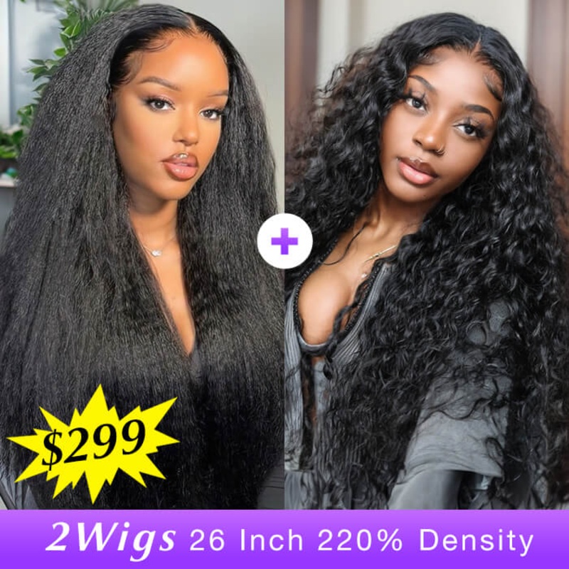 [2Wigs 26inch] Kinky Straight & Water Wave Super Natural Hairline Glueless 8×5 Closure HD Lace Wig Kinky Straight Wig – 26inch 220% – 8×5 Pre Everything Water Wave Wig – 26inch 220% – 8×5 Pre Everything