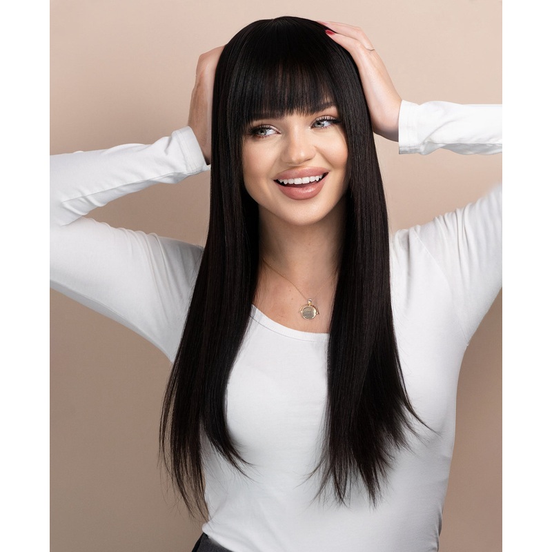 human hair wig with fringe – 20″ black.