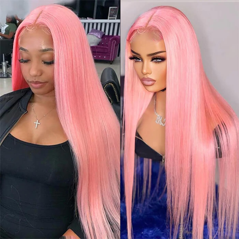 13×4 HD Lace Frontal  Human Hair Wigs Straight Pink Color Wig For Women Pre Plucked Bleached Knots 12 13×4 Lace 150%