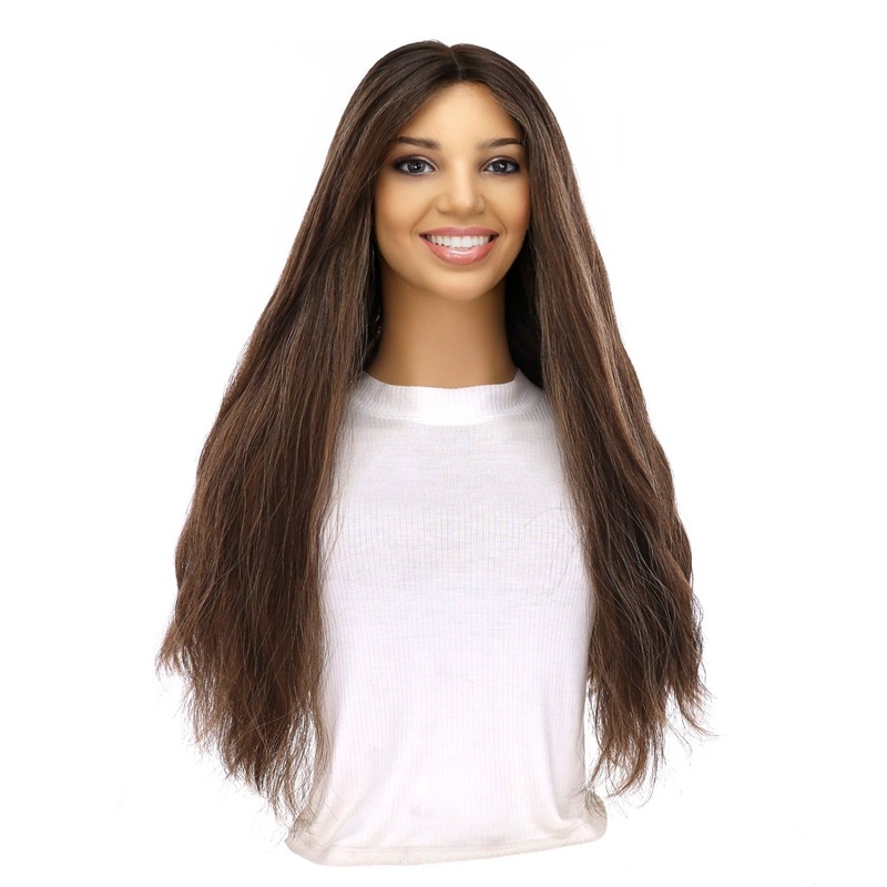 24″ Divine Lace Top Wig Dark Brown w/ Highlights Wavy Zig Zag Lace Front