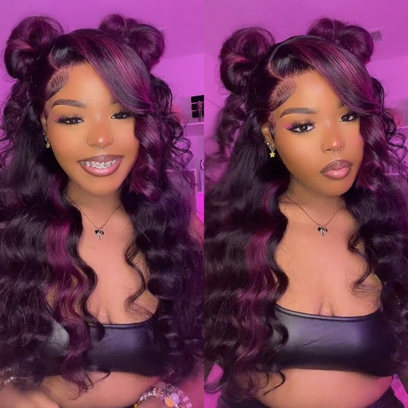 Balayage Purple Highlight Lace Front Wigs 13×4 Transparent HD Lace Human Hair Wigs 16 13×4 Lace Body Wave