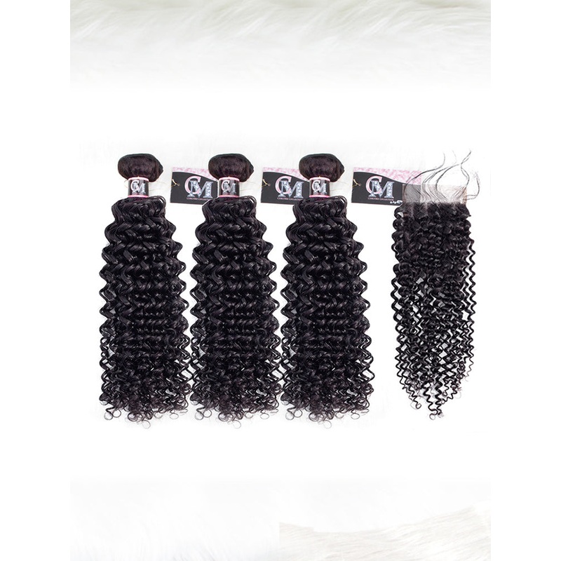 CurlyMe Water Wave Virgin Human Hair 3 Bundles With 4×4 Closure Natural Black 8 10 12 4×4 Closure 8