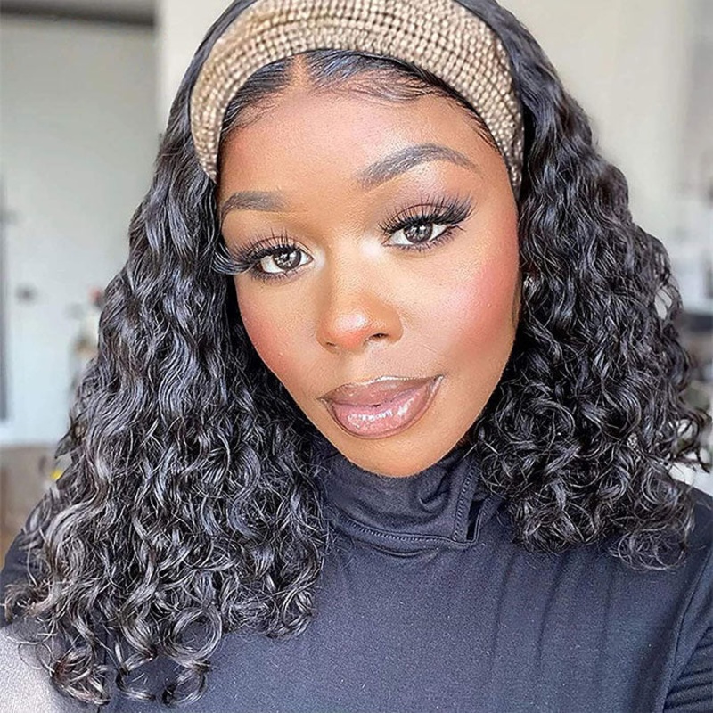 Water Wave Hair Headband Bob Wig 220% Density Glueless Human Hair Half Wig 10inch Water Wave 220%