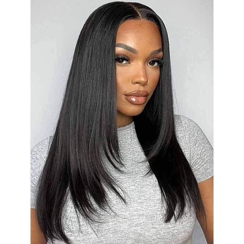 CurlyMe Layered Cut Pre-bleached Straight Hair Wear Go Glueless Wig 7×5 Pre-cut HD Lace Pre-plucked Bleached 14(bob)