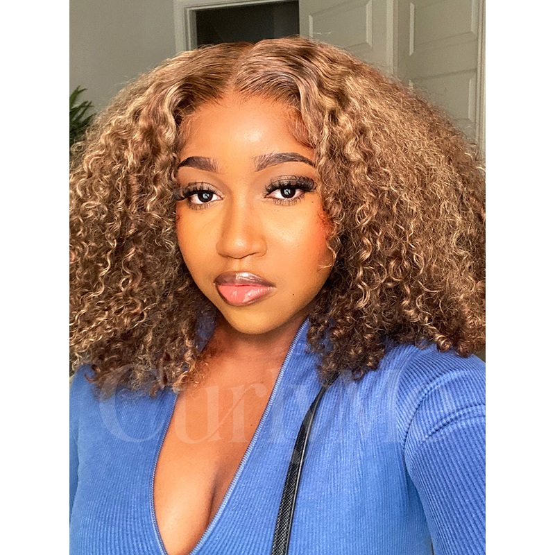 CurlyMe Wear Go Glueless Highlights Ombre Hair Pre-cut HD Lace Kinky Curly Wig 12(bob)