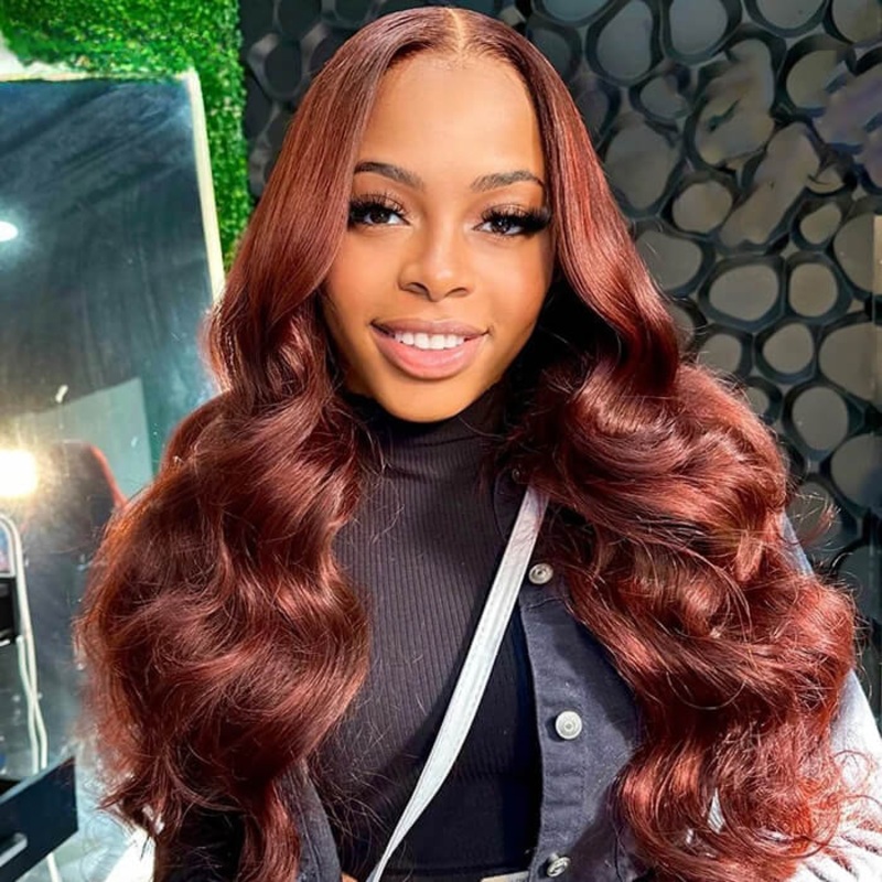 PartingPlus Glueless Body Wave Wig 8×5 Closure HD Lace 100% Human Hair Wig 33# Reddish Brown Color 12 inch Bob 8×5 Pre-cut/Pre-bleached/Pre-plucked 180%