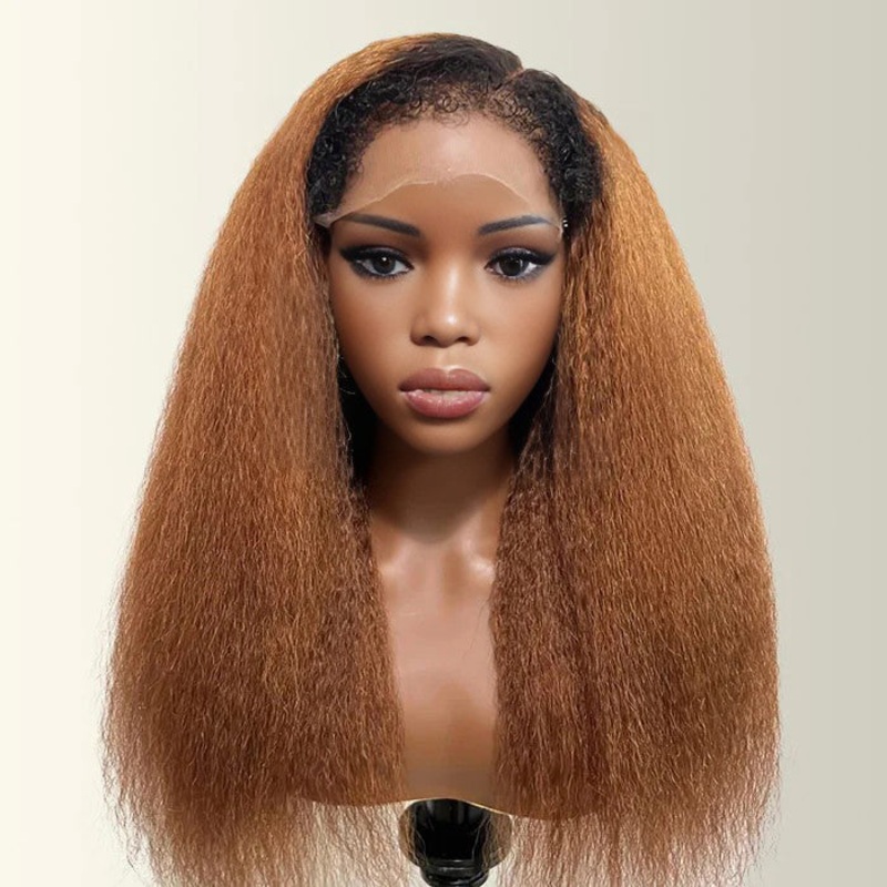 4C Kinky Edges Ombre Brown Color Kinky Straight Wigs Human Hair Pre Plucked HD Transparent 13×4 13×6 Lace Front Wigs with Drawstring Glueless Wig 12 Pre Cut 8×5 Lace 180%