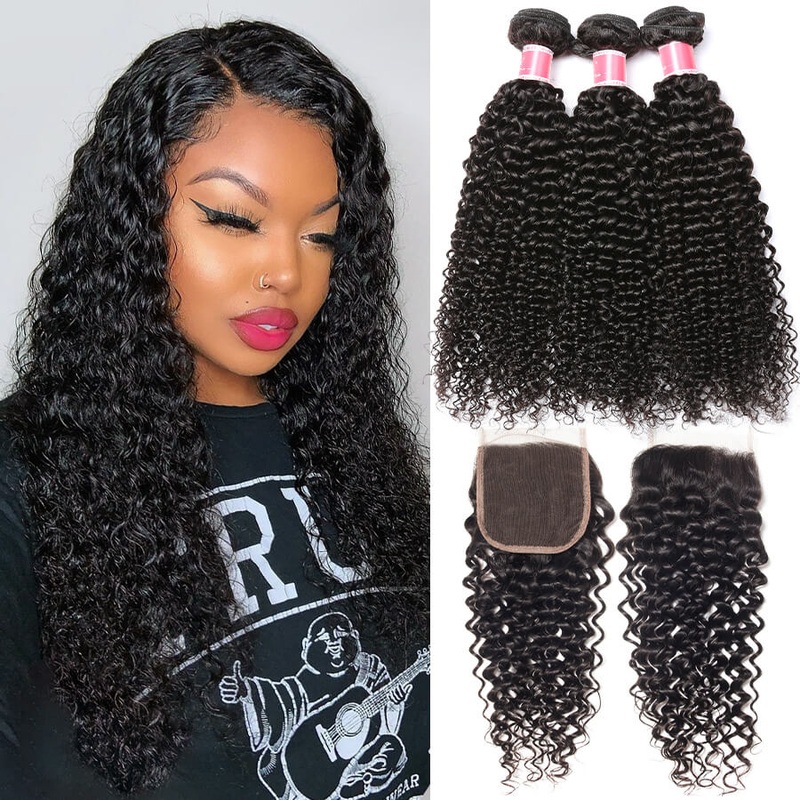 Brazilian Virgin Curly Hair 3 Bundles With Closure High Quality 100% Unprocessed Human Hair Bundles With Closure 12 12 12+10 Free Part
