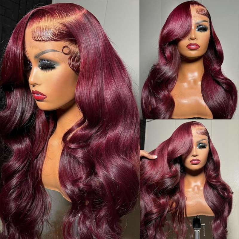 C-Shape Ear Design Body Wave Wig 99J Burgundy Color Glueless 8×5 HD Lace Wigs With Pre-Plucked Hairline 14 Straight 150% Natural