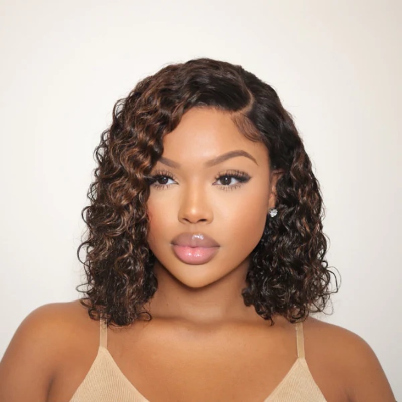 Exclusive Sale | Blonde Highlight Short Curly Glueless Minimalist HD Lace Human Hair Wig 10
