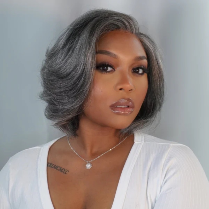 Exclusive Sale | Boss Vibe Salt & Pepper Layered Bob / Body Wave Glueless Pre-Cut Minimalist Lace Grey Wig Layered Bob 8