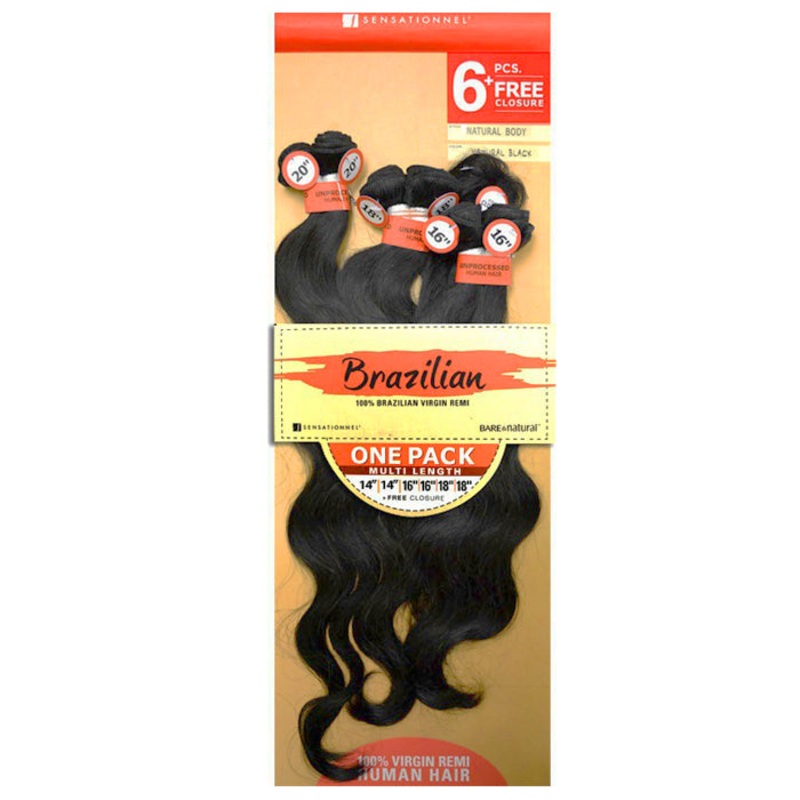 Sensationnel Bare & Natural Brazilian 100% Virgin Remi Weave – NATURAL BODY 6 PCS + FREE CLOSURE 16/18/20 NATURAL