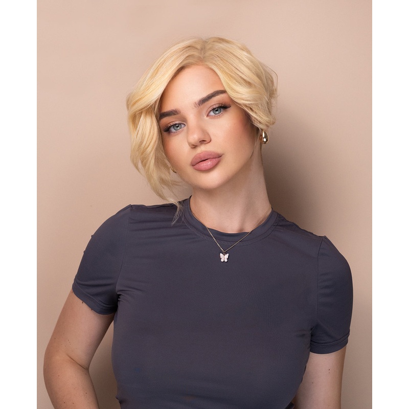 asymmetric wedge human wig – 6″ light blonde.