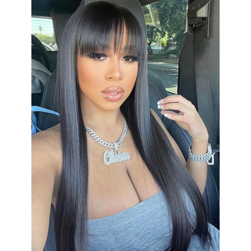 CurlyMe Straight Hair Non Lace Wigs Full Machine Made Wigs With Bangs Natural Black 8 180%