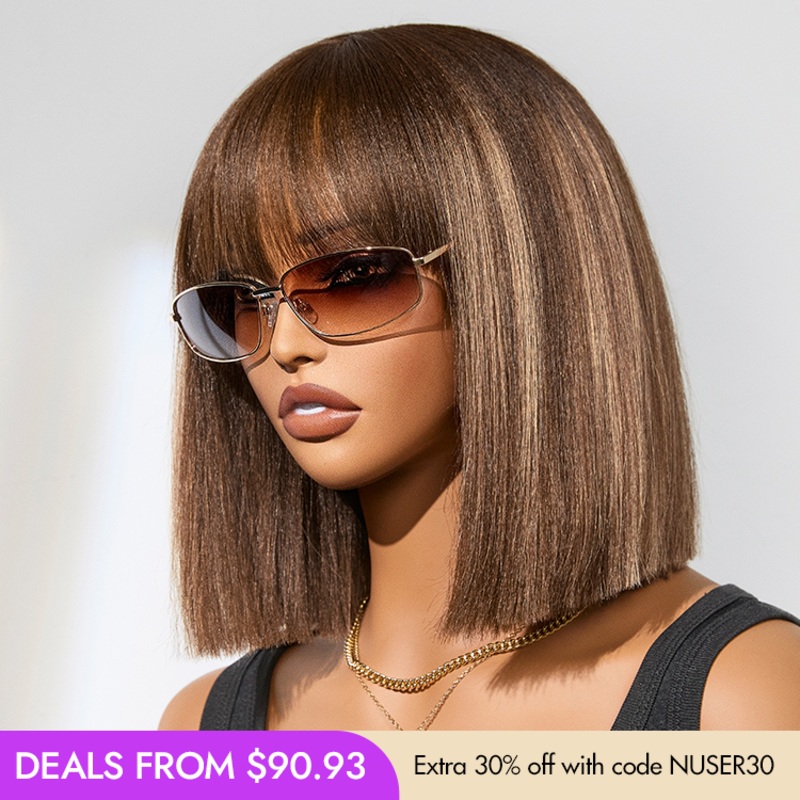 New Customers Only | Ash Blonde Highlights Yaki Blunt Cut Bob Wig with Bangs Glueless Minimalist Lace Short Wig Breathable Cap 10