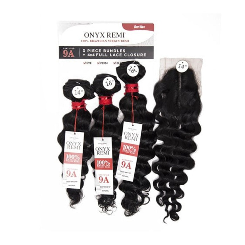 Onyx 9A 100% Brazilian Virgin Remi Human Hair Weave Bundle – 3X DEEP WAVE + 14″ FRONT LACE CLOSURE (14-26″) 14/16/18 NATURALBLACK