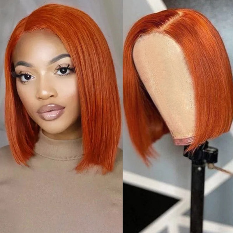 QVR Ginger Short Bob Wigs 4×4 13×4 Straight Human Hair Wig 180% Lace Front Orange Wigs 4×4 Lace 8”