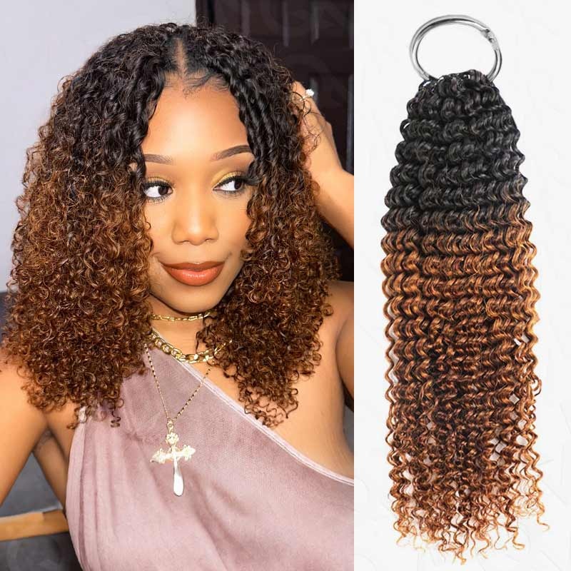 QVR #T1B/30 Crochet Hair Small Kinky Curly Machine Made Feather Human Hair Extension Ombre #T1B/30 (Sale) 14” 3 Packs (Most People Choice)