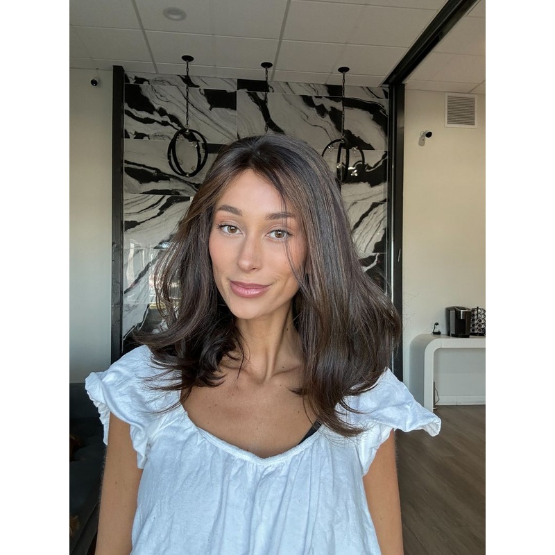 16″ Divine Luxe Lace Top Wig #4 Dark Brown w/ Caramel Highlights & Face Framing