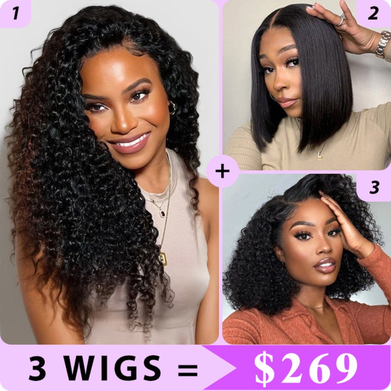 3 Wigs Set  | 13×4 Skinlike HD Lace Curly Wig & 8×5 Glueless Lace Curly Short Bob Wigs & Straight 5×5 HD Lace Short Bob Wig 22″ 13×4 HD Lace Curly Wig  – Natural Color 14″ 8×5 Pre Cut Lace Curly Bob Wig  – Natural Color 14″ 5×5 HD Lace Straight Bob Wig  –